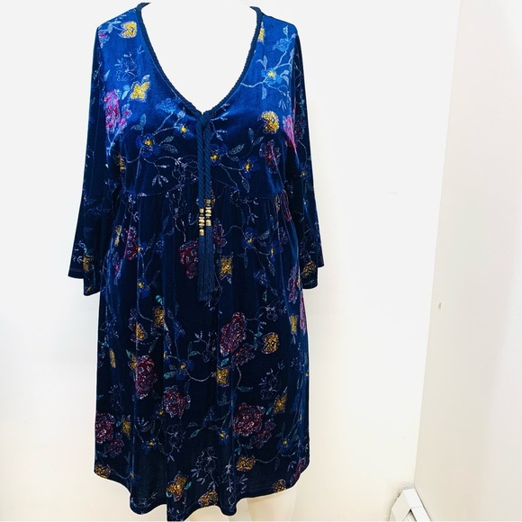 Love Legend Dress 20 Velvet Dark Blue Floral Empire Peasant Tassel Boho Flowy - Picture 1 of 10